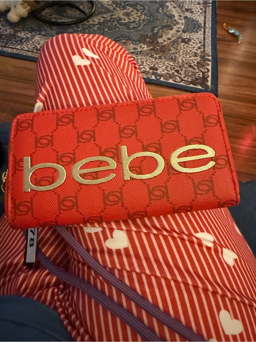 bebe Red Logo Zip-Around Wristlet Wallet with Gold Tone Logo NWT